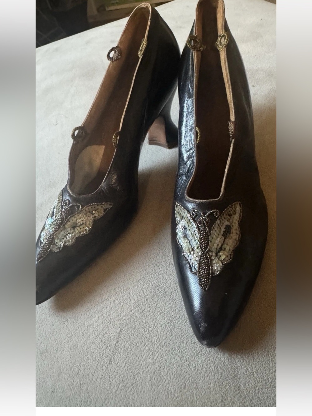 Antique Edwardian heels by Andrew Alexander early 1900s leather,butterfly motif